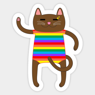 Brown Cat Wearing a Rainbow Striped Onesie One Piece Swimsuit Sticker